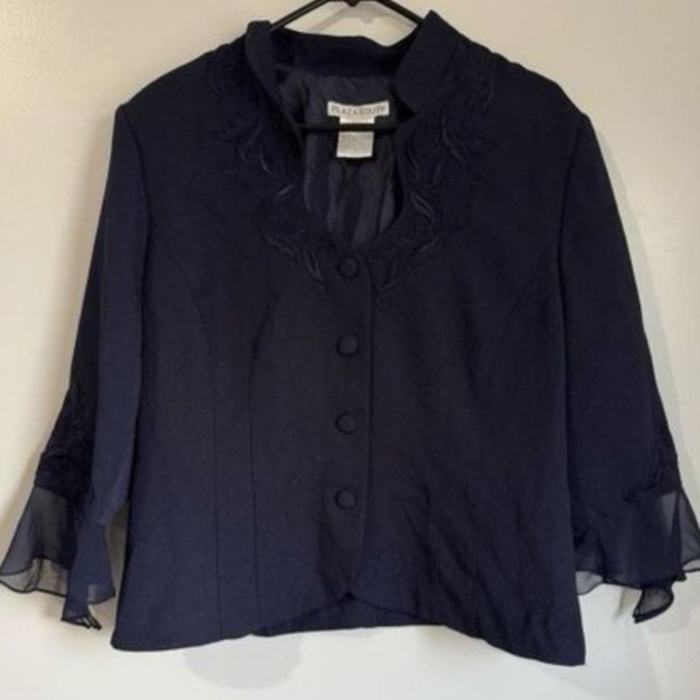 Vintage Plaza South sz 14 Womens Blue Embroidered Floral Sheer Top & Skirt Set - Picture 3 of 3